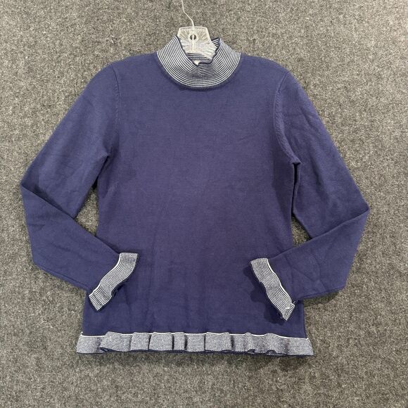 Nanette Lepore Sweater Women's Small Navy Mock Neck Ruffle Trim Long Sleeve Knit - Picture 1 of 9